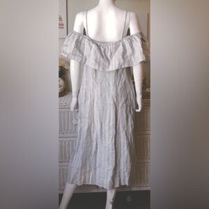 Ganni Reiko Maxi Dress Linen Off Shoulder Striped in light grey & white size S